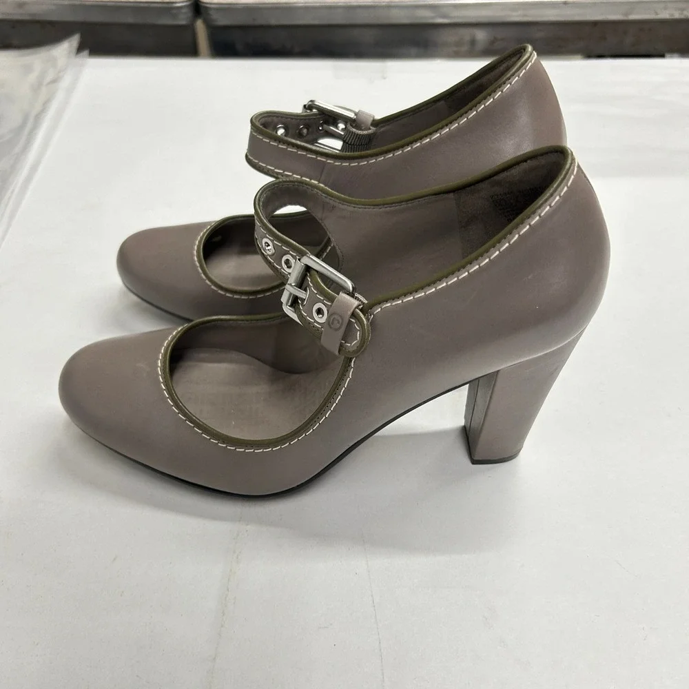 Rockport Leather Mary Jane Block Heel Pumps Buckle 10 Taupe Dark Academia Twee
